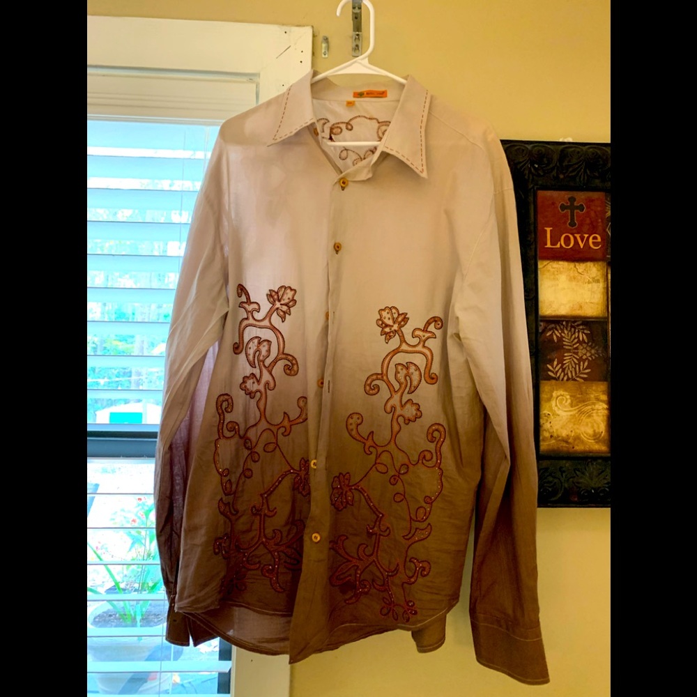 Men's Casual Button Down Shirt - Brown Embroidered